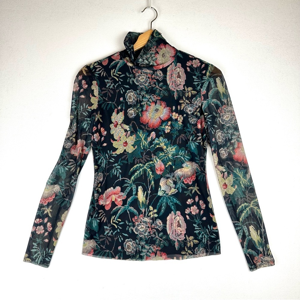La Vie Rebecca Taylor Faded Garden Mesh Sheer Floral Mock Shirt